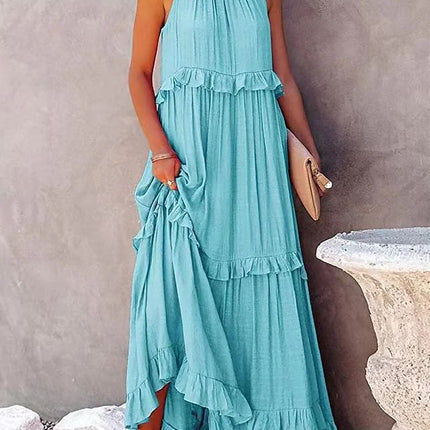 Summer Vacation Style Halter Neck Long Dresses Women Fashion Backless Leace-up Loose Ruffles Beach Dress Elegant Ladies Vestidos