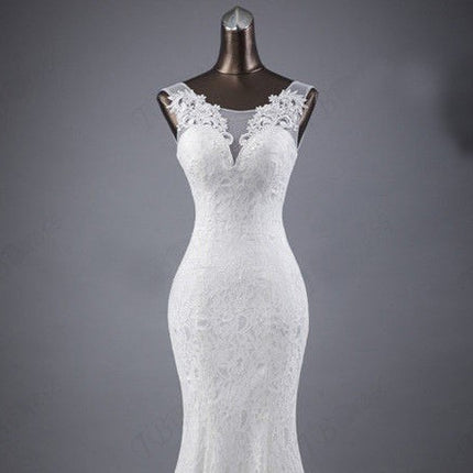 Lace slim and thin double shoulder tail wedding dress