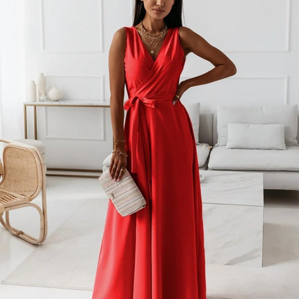 V-neck Sleeveless Dress With Belt Summer Fashion Party Club Evening Maxi Dresses For Women Clothing