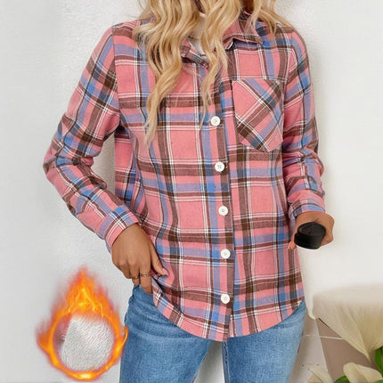 Women's Checkered Fleece Lined Shacket, Plaid Button Down Shirt Jacket With Chest Pockets, Fall Winter Outerwear Coat
