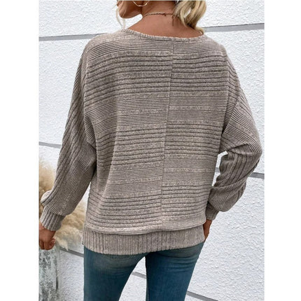 Solid Striped Batwing Sleeves T-shirt Fashion Casual Pullover Round Neck Long Sleeve Top Spring And Autumn Women's Clothing
