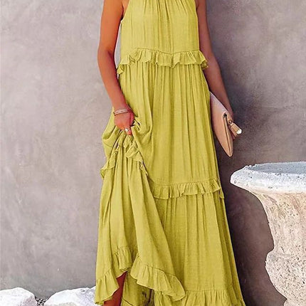 Summer Vacation Style Halter Neck Long Dresses Women Fashion Backless Leace-up Loose Ruffles Beach Dress Elegant Ladies Vestidos