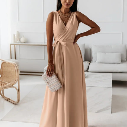 V-neck Sleeveless Dress With Belt Summer Fashion Party Club Evening Maxi Dresses For Women Clothing