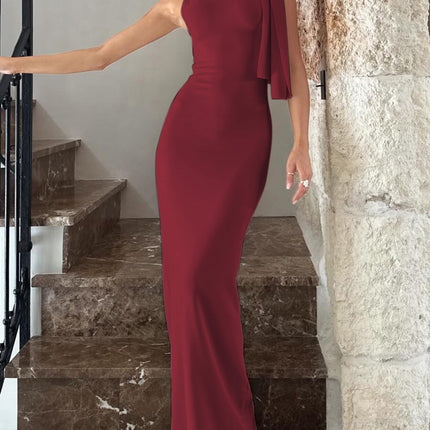 One-shoulder Ribbon Long Dress Ins Fashion Slim Sleeveless Dresses For Evening Party Club Clothing Women