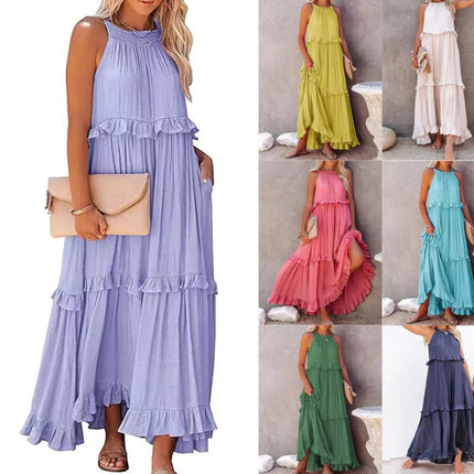 Summer Vacation Style Halter Neck Long Dresses Women Fashion Backless Leace-up Loose Ruffles Beach Dress Elegant Ladies Vestidos