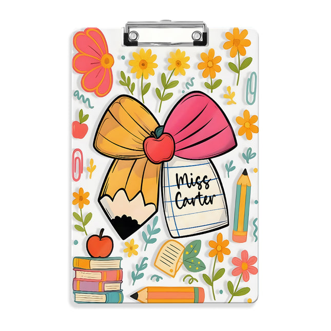 Custom Text Name Folder with Flower, Pencil & Bow Design – Teacher's Day & Back to School Gift