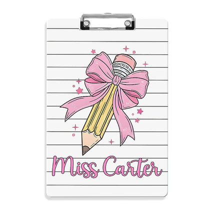 Custom Text Name Folder with Pink Bow & Pencil Design – Teacher's Day & Back to School Gift
