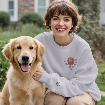 Custom Embroidered-Style Pet Sweatshirt – Personalized Pullover with Pet Name & Wreath