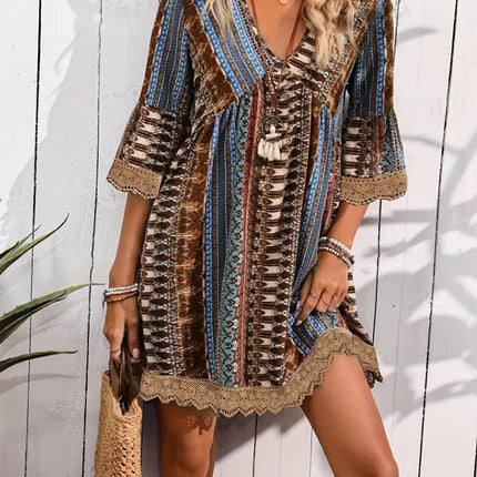 Bohemian Style V-neck Printed Dress Fashion Casual Loose Beach Dresses For Women
