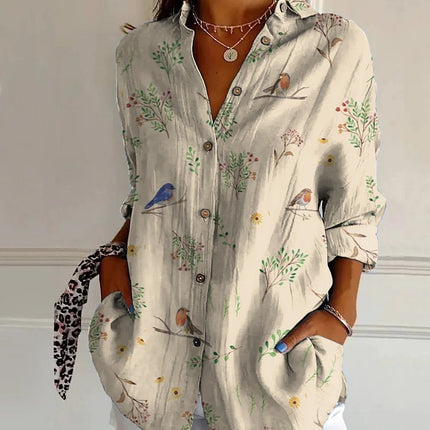 Flowers Print Long Sleeve Shirt Fashion Stand Collar Button Tops For Women Clothing