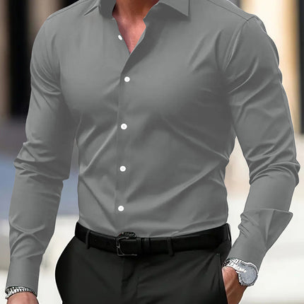 Men's Shirt Business Button Down Shirt Summer Solid Color Long Sleeve Lapel Vacation Shirt Fashion Temperament Casual Tops