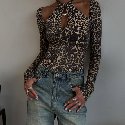 Women Clothing Autumn Sexy Vintage Leopard Print Halterneck Long Sleeved Sexy Top for Women