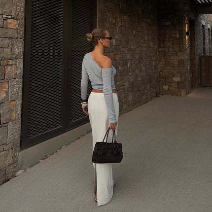 Women Clothing Autumn Sexy Solid Color Diagonal Collar Cropped Knitted Long Sleeved T shirt Top