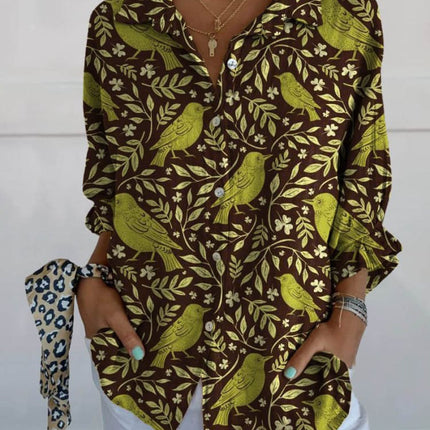 Flowers Print Long Sleeve Shirt Fashion Stand Collar Button Tops For Women Clothing