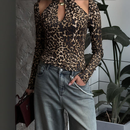 Women Clothing Autumn Sexy Vintage Leopard Print Halterneck Long Sleeved Sexy Top for Women