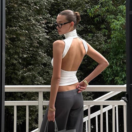 Women Clothing Summer Elegant Sleeveless Solid Color Turtleneck Backless Top