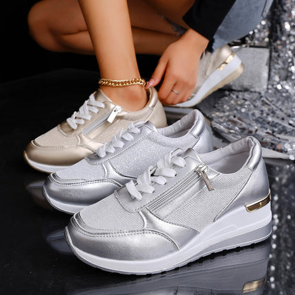 Women's Lace-up Casual Shoes FFashion Side Zipper Design Thick-soled Shoes Walking Running Sports Sneakers