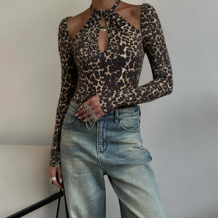 Women Clothing Autumn Sexy Vintage Leopard Print Halterneck Long Sleeved Sexy Top for Women