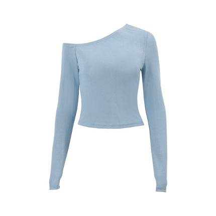 Women Clothing Autumn Sexy Solid Color Diagonal Collar Cropped Knitted Long Sleeved T shirt Top