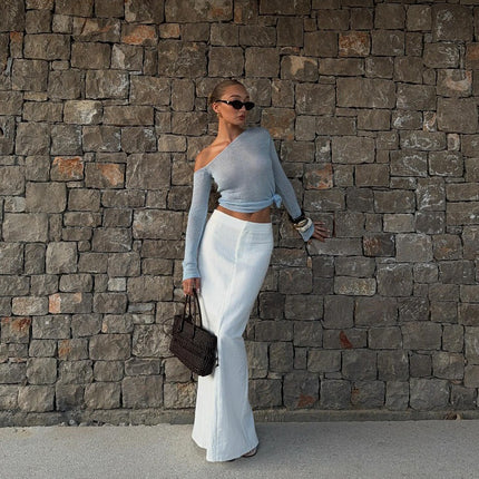 Women Clothing Autumn Sexy Solid Color Diagonal Collar Cropped Knitted Long Sleeved T shirt Top