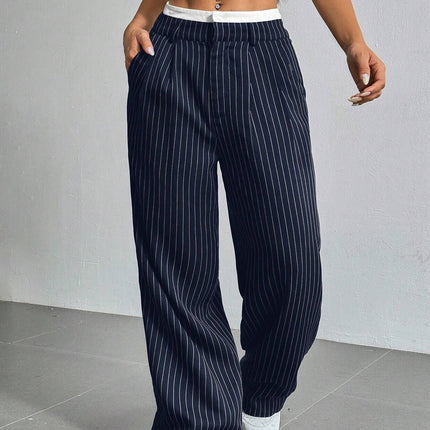 Stripe Printed Trousers Fashion High Waist Straight Leg Pants With Pocket Zipper Casual Suit Pants For Women