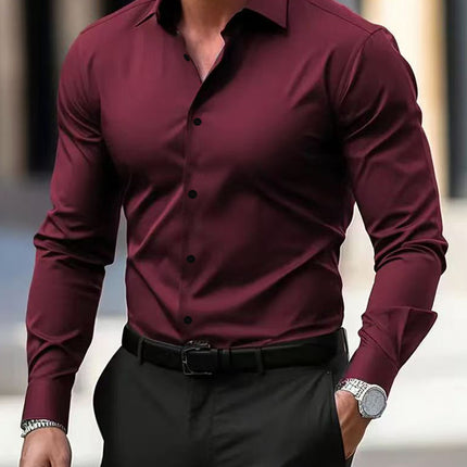 Men's Shirt Business Button Down Shirt Summer Solid Color Long Sleeve Lapel Vacation Shirt Fashion Temperament Casual Tops