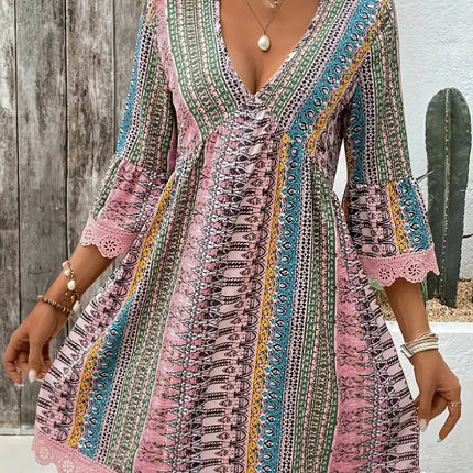 Bohemian Style V-neck Printed Dress Fashion Casual Loose Beach Dresses For Women