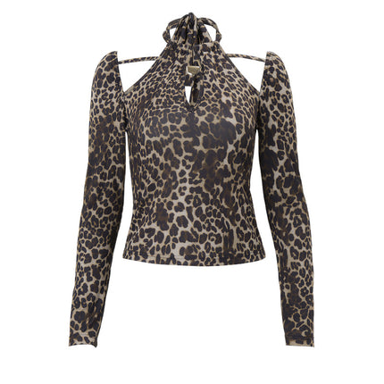 Women Clothing Autumn Sexy Vintage Leopard Print Halterneck Long Sleeved Sexy Top for Women