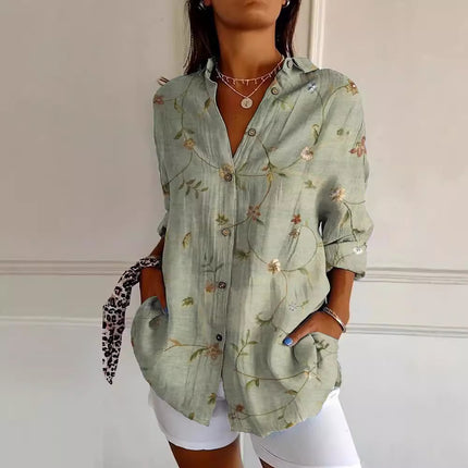 Flowers Print Long Sleeve Shirt Fashion Stand Collar Button Tops For Women Clothing