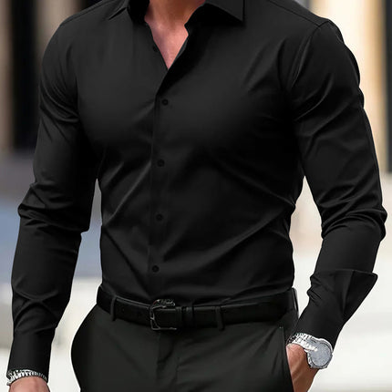 Men's Shirt Business Button Down Shirt Summer Solid Color Long Sleeve Lapel Vacation Shirt Fashion Temperament Casual Tops