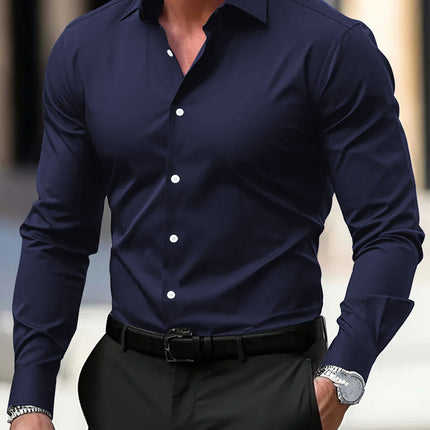 Men's Shirt Business Button Down Shirt Summer Solid Color Long Sleeve Lapel Vacation Shirt Fashion Temperament Casual Tops