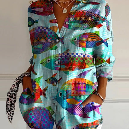 Flowers Print Long Sleeve Shirt Fashion Stand Collar Button Tops For Women Clothing