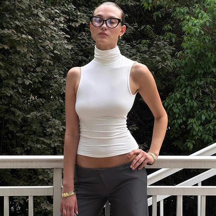Women Clothing Summer Elegant Sleeveless Solid Color Turtleneck Backless Top