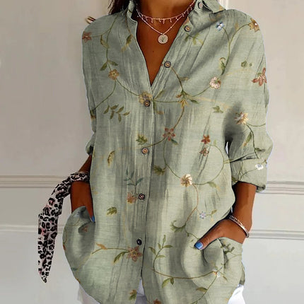 Flowers Print Long Sleeve Shirt Fashion Stand Collar Button Tops For Women Clothing