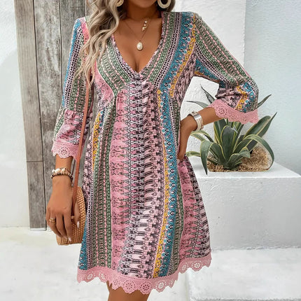 Bohemian Style V-neck Printed Dress Fashion Casual Loose Beach Dresses For Women