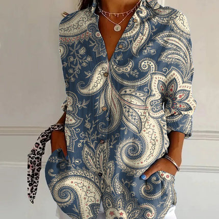 Flowers Print Long Sleeve Shirt Fashion Stand Collar Button Tops For Women Clothing