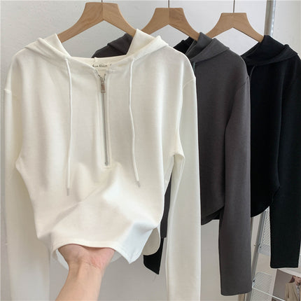 Thread Dralon Hooded Long Sleeve Coat T Shirt Women Autumn Winter Thickening Brushed Niche Short Top