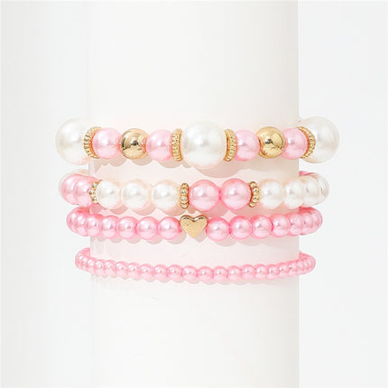 4pcs Set Simple White Faux Pearls Beads Beaded Heart Temperament Bracelet Set Elegant Handmade Hand String Jewelry Accessory