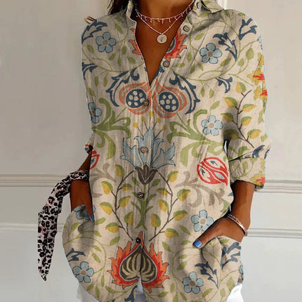 Flowers Print Long Sleeve Shirt Fashion Stand Collar Button Tops For Women Clothing