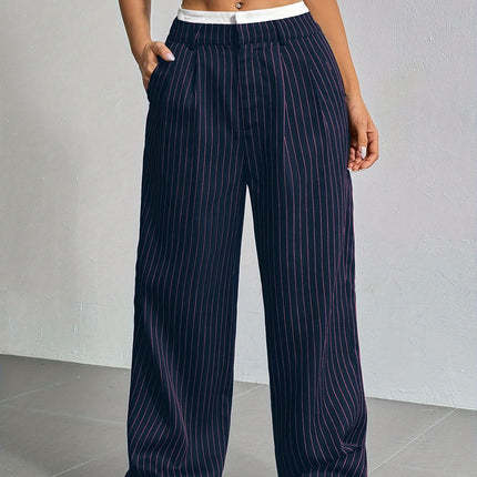 Stripe Printed Trousers Fashion High Waist Straight Leg Pants With Pocket Zipper Casual Suit Pants For Women