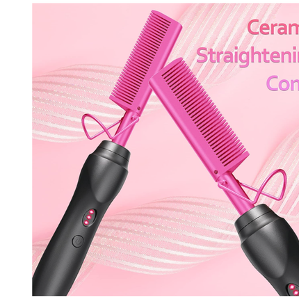 Hot Comb Hair Straightener Heat Pressing Combs - Ceramic Electric Hair Straightening Comb, Curling Iron for Natural Black Hair Beard Wigs Holiday Gift - Pink