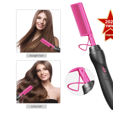 Hot Comb Hair Straightener Heat Pressing Combs - Ceramic Electric Hair Straightening Comb, Curling Iron for Natural Black Hair Beard Wigs Holiday Gift - Pink