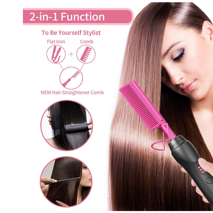Hot Comb Hair Straightener Heat Pressing Combs - Ceramic Electric Hair Straightening Comb, Curling Iron for Natural Black Hair Beard Wigs Holiday Gift - Pink