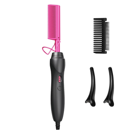 Hot Comb Hair Straightener Heat Pressing Combs - Ceramic Electric Hair Straightening Comb, Curling Iron for Natural Black Hair Beard Wigs Holiday Gift - Pink