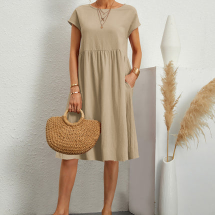 Summer Short-sleeved Dress With Pockets Fashion Solid Round Neck A-line Dresses For Women Clothing