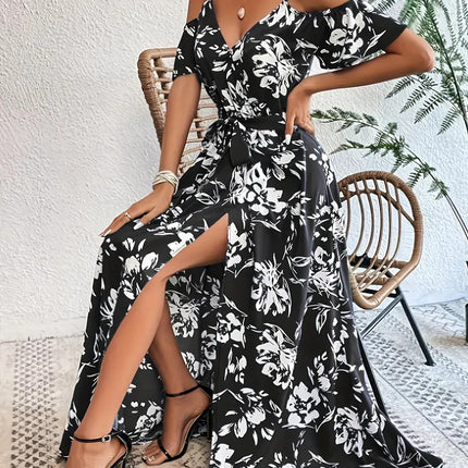 Ins Off-Shoulder Split Dress Summer Floral Print Suspender Long Dresses With Belt Design Women's Beach Clothing