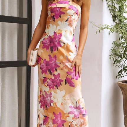 Summer Tube Top Long Dress With Backless Design INS Fashion Flowers Print Party Evening Dresses For Women