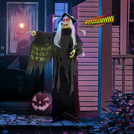 6ft Eye Red Light Vibration Witch Sound Voice Control, Standing Guiding Witch, Battery Model - Batteries Not Included, Halloween Standing Decoration