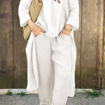 2pcs Long-sleeved Suits Loose V-neck Long Top And High Waist Wide Leg Pants With Pockets Women's Clothing