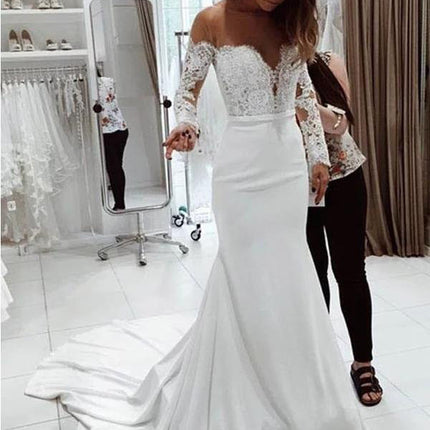 Fashion One Shoulder Lace Long Sleeve Dress Mopping Wedding Dress
